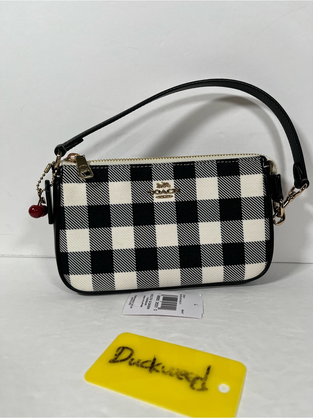 NWT Coach Nolita 19 With Gingham Print And cherry Charm Gold/Black Multi